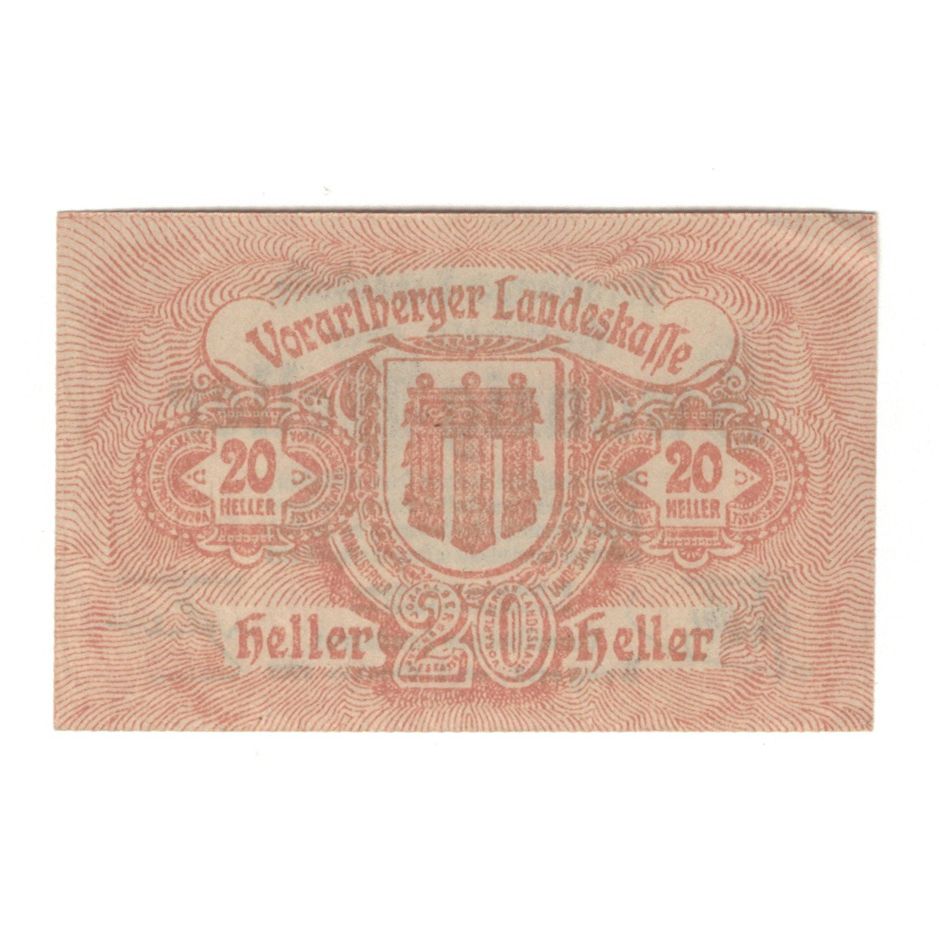 Banknote, Austria, Vorarlberger Landeskasse Vorarlberg Land, 20 Heller, valeur