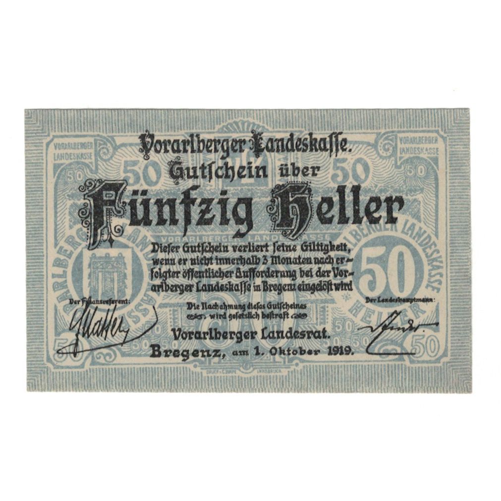 Banknote, Austria, Vorarlberger Landeskasse Vorarlberg Land, 50 Heller, valeur