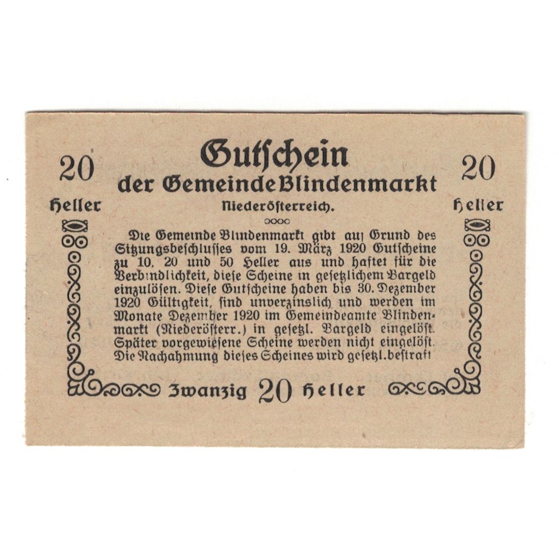 Banknote, Austria, Blindenmarkt N.Ö. Gemeinde, 20 Heller, texte 1, 1920