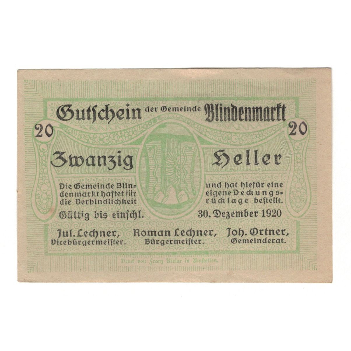 Nota, Áustria, Blindenmarkt N.Ö. Gemeinde, 20 Heller, Texte 2, 1920