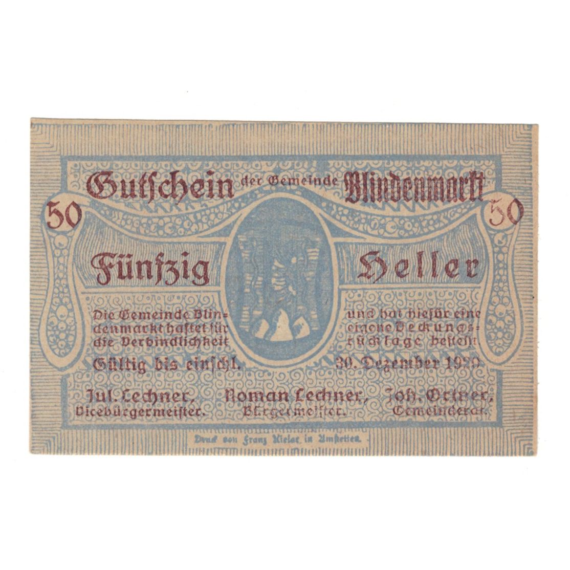 Billete, Austria, Blindenmarkt N.Ö. Gemeinde, 50 Heller, Texte, 1920