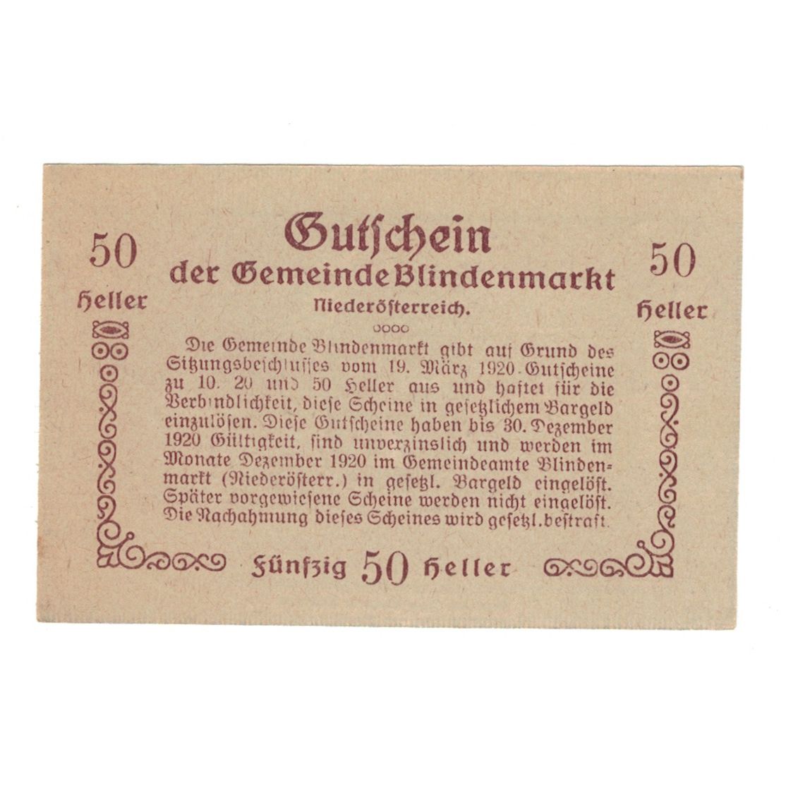 Billete, Austria, Blindenmarkt N.Ö. Gemeinde, 50 Heller, Texte, 1920