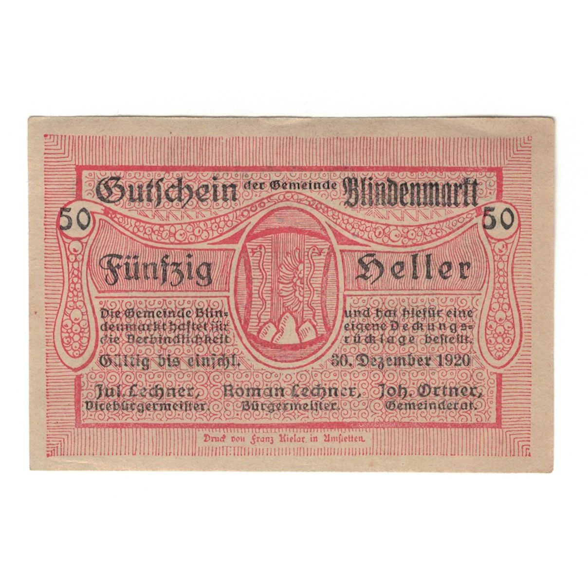Banconote, Austria, Blindenmarkt N.Ö. Gemeinde, 50 Heller, texte 1, 1920