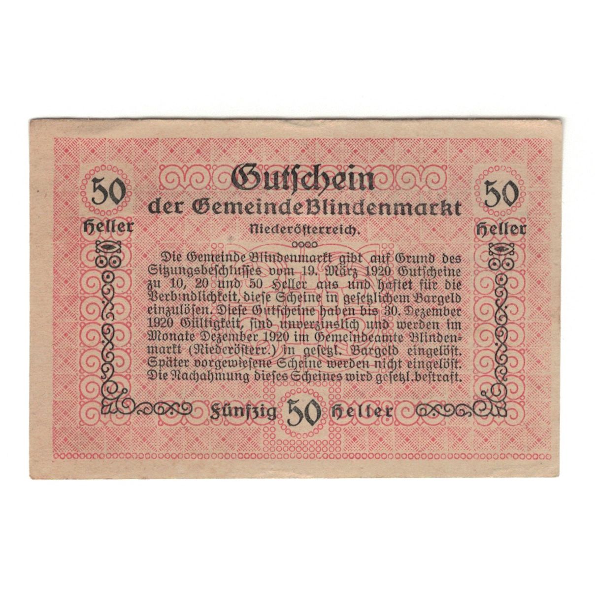 Banconote, Austria, Blindenmarkt N.Ö. Gemeinde, 50 Heller, texte 1, 1920