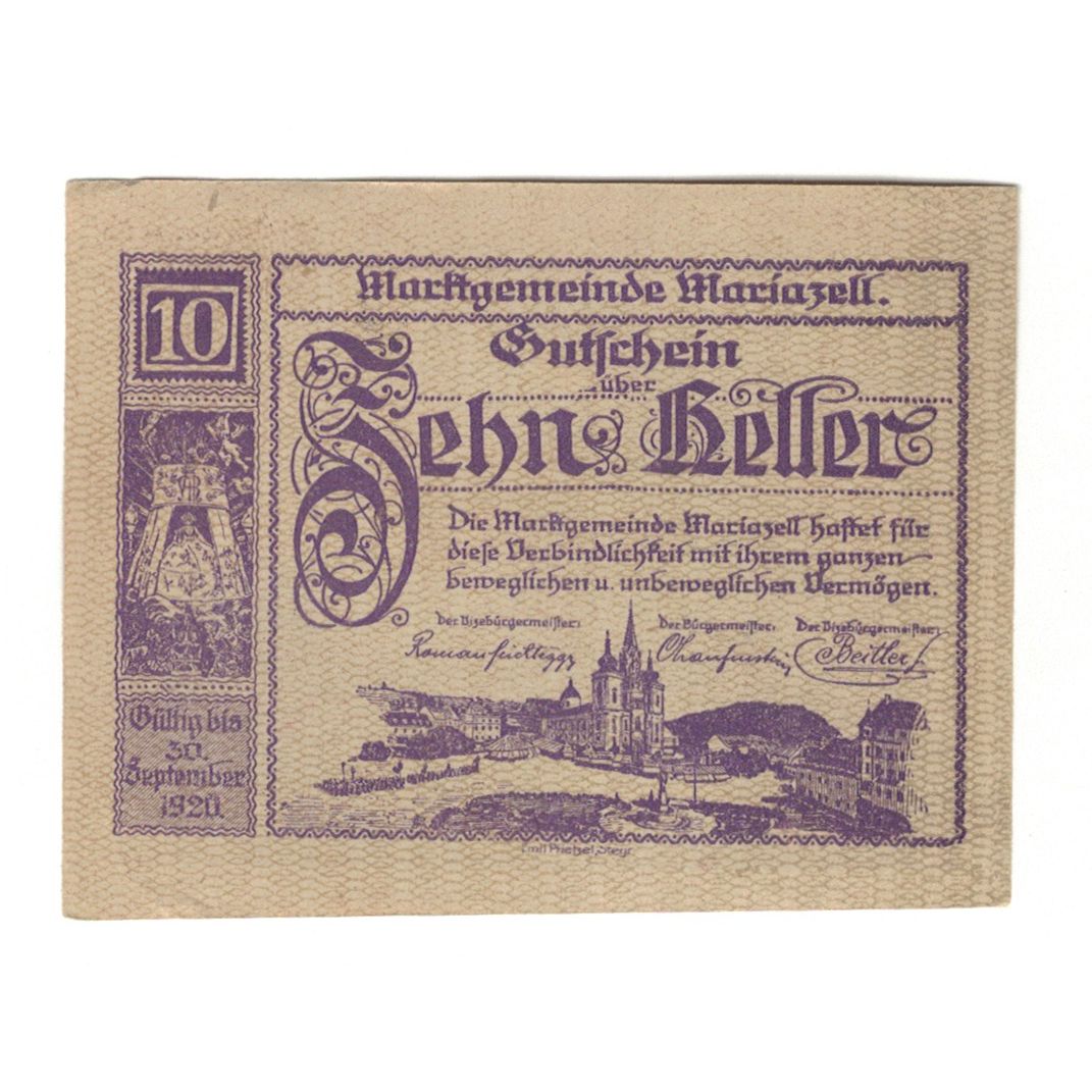 Billete, Austria, Mariazell Stmk. Marktgemeinde, 10 Heller, paysage, 1920