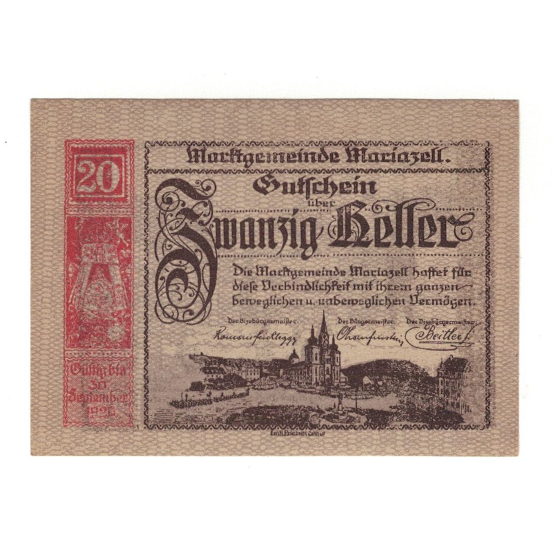 Billete, Austria, Mariazell Stmk. Marktgemeinde, 20 Heller, personnage, 1920