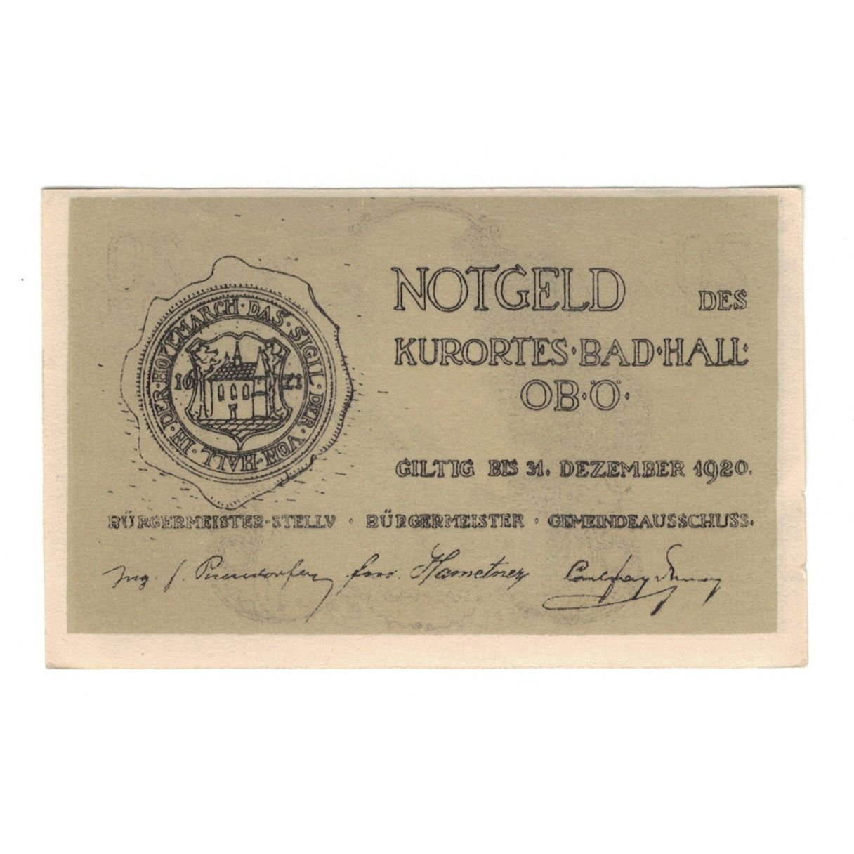 Billet, Autriche, Bad Hall O.Ö. Gemeinde, 20 Heller, rue, 1920, 1920-12-31