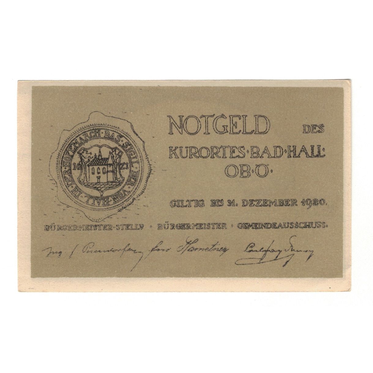Banknote, Austria, Bad Hall O.Ö. Gemeinde, 50 Heller, village, 1920