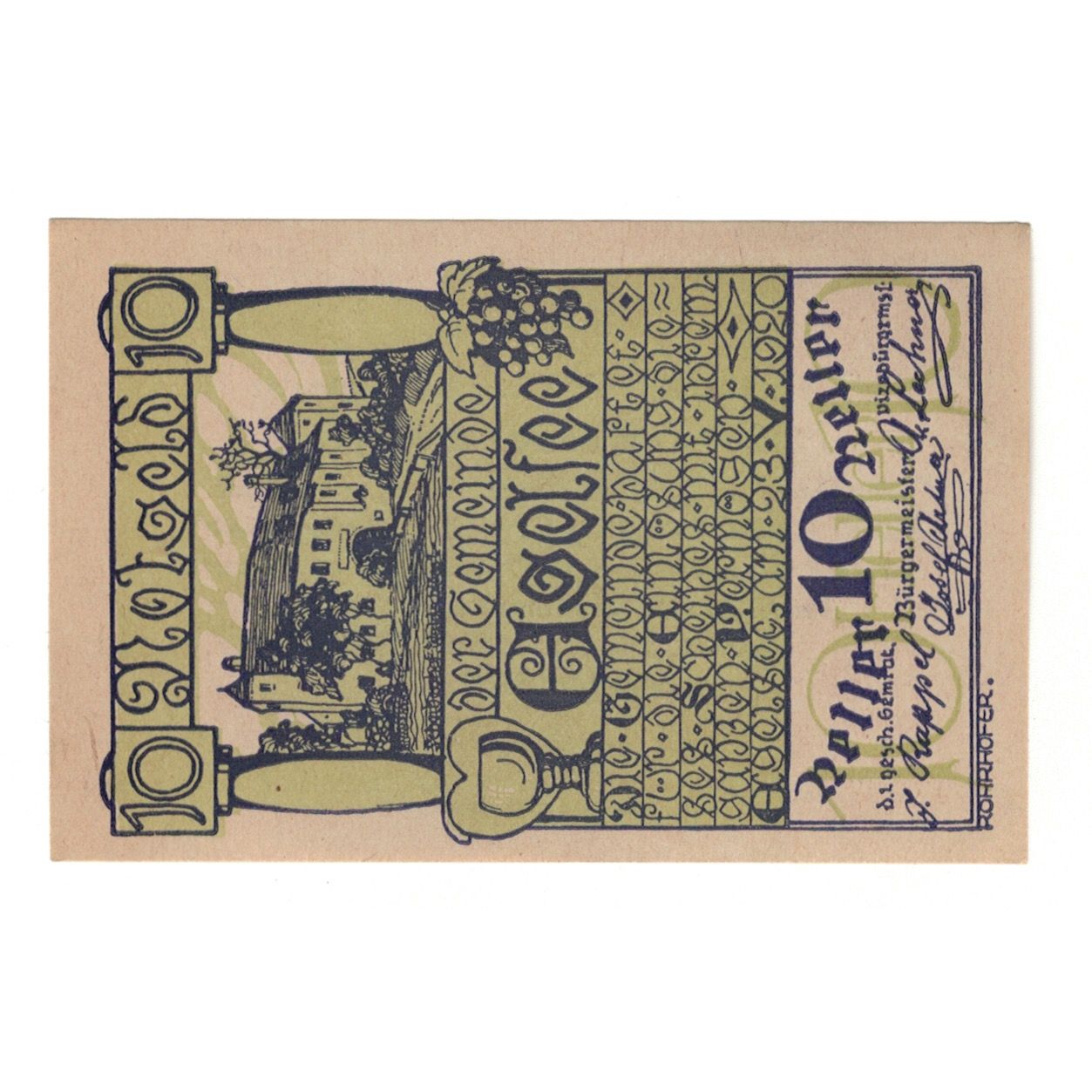 Banknote, Austria, Egelsee N.Ö. Dorfgemeinde, 10 Heller, Texte, 1920