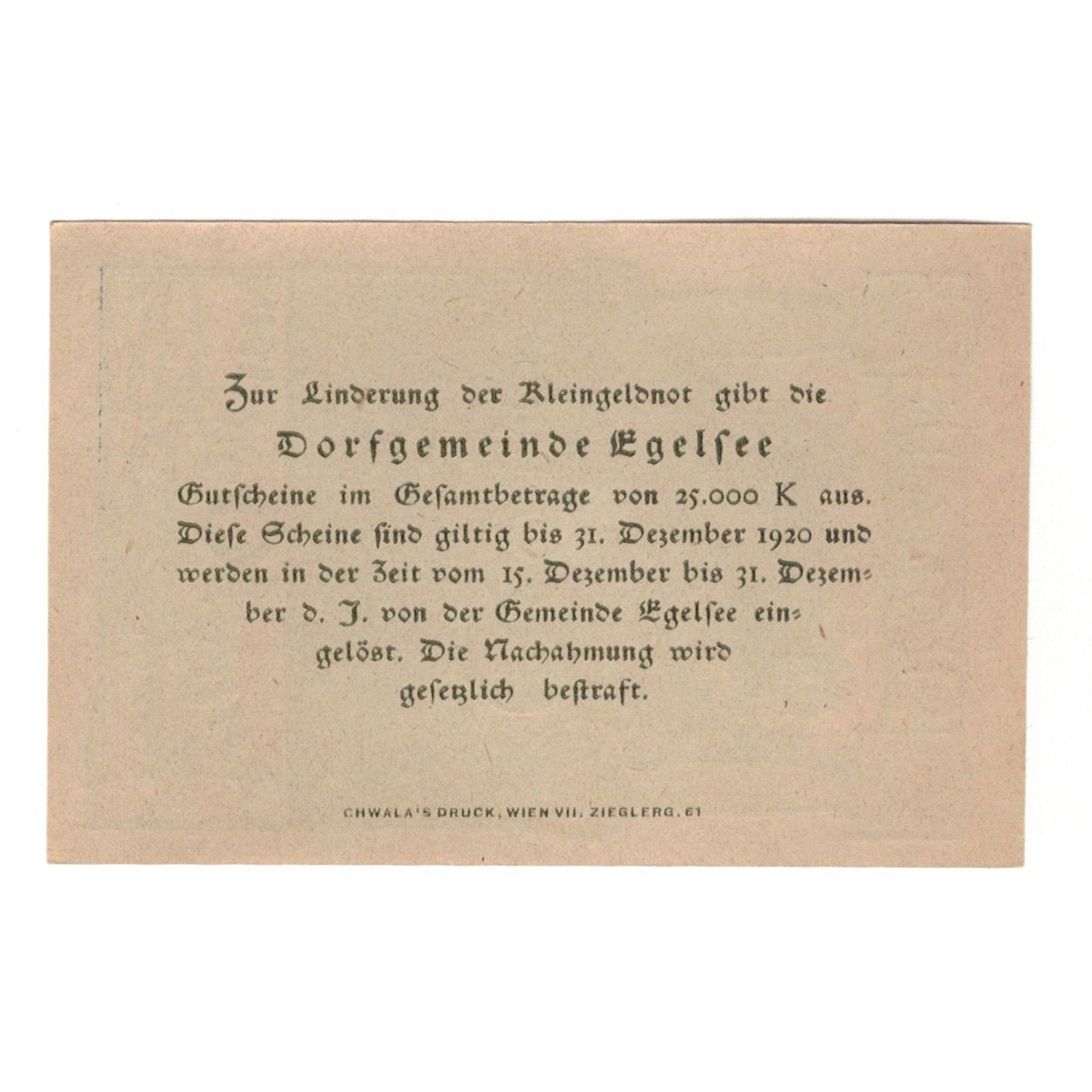 Banknote, Austria, Egelsee N.Ö. Dorfgemeinde, 10 Heller, Texte, 1920