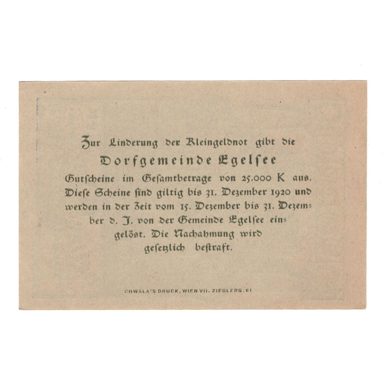 Banknote, Austria, Egelsee N.Ö. Dorfgemeinde, 10 Heller, texte 1, 1920