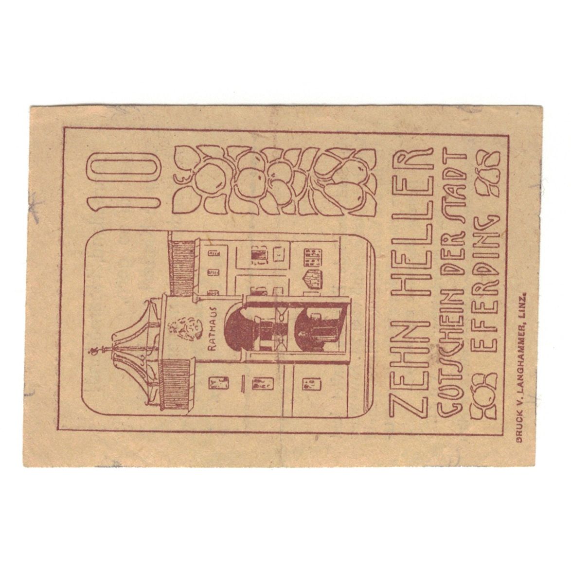 Banknote, Austria, Eferding O.Ö. Stadtgemeinde, 10 Heller, Texte, 1919