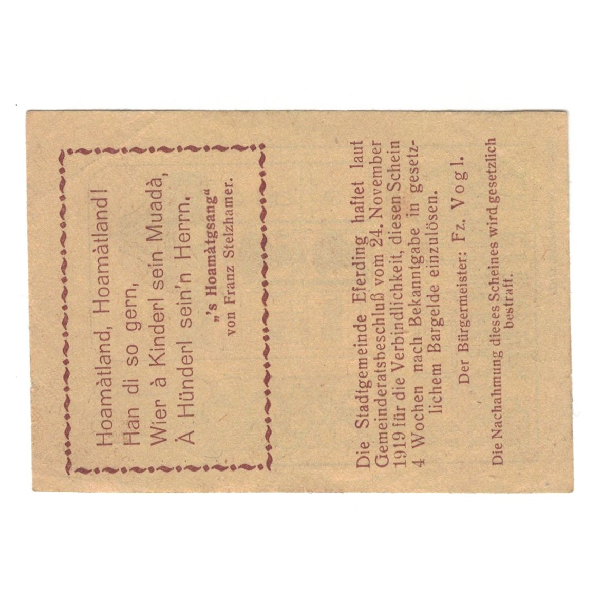 Banknote, Austria, Eferding O.Ö. Stadtgemeinde, 10 Heller, Texte, 1919