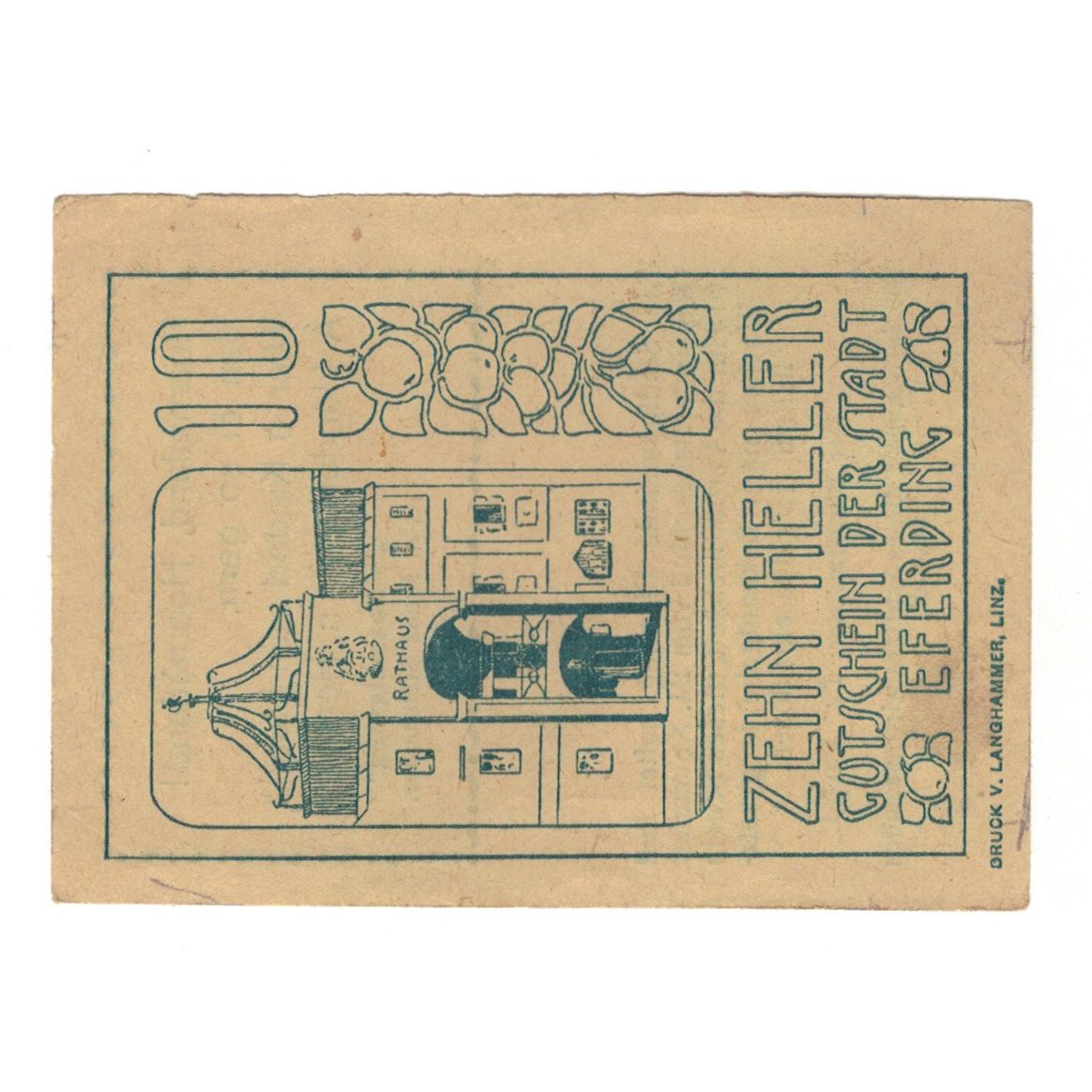Biljet, Oostenrijk, Eferding O.Ö. Stadtgemeinde, 10 Heller, texte 1, 1919