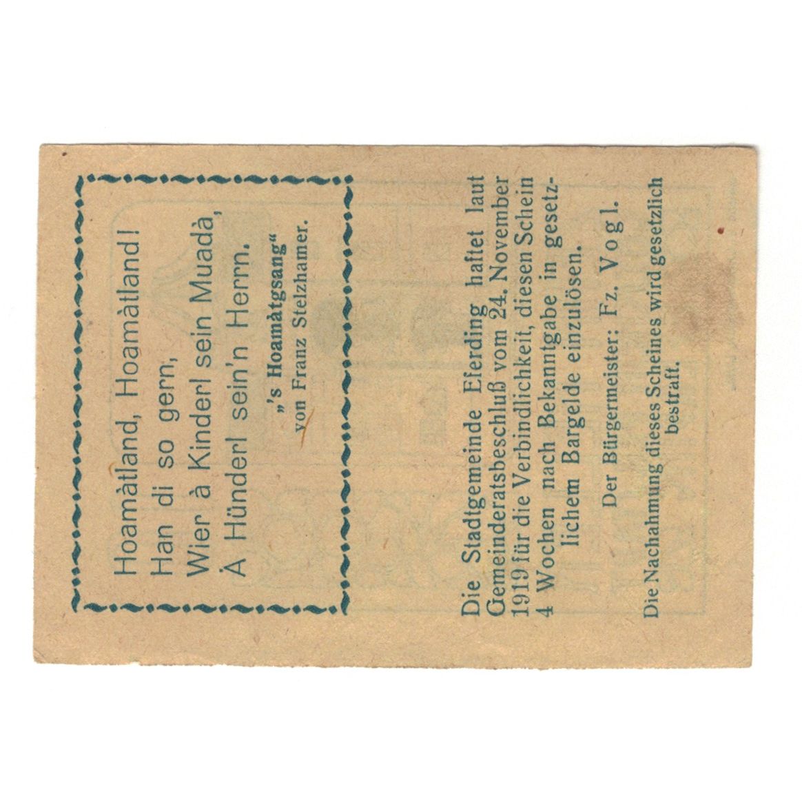 Biljet, Oostenrijk, Eferding O.Ö. Stadtgemeinde, 10 Heller, texte 1, 1919