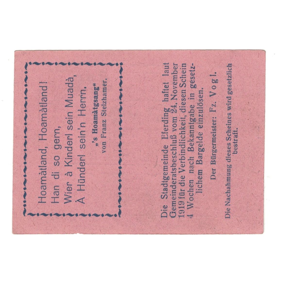 Billete, Austria, Eferding O.Ö. Stadtgemeinde, 10 Heller, Texte 2, 1919