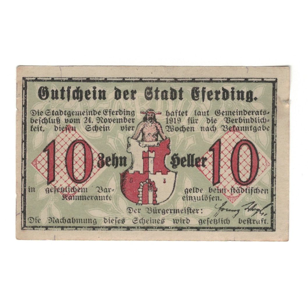 Banknote, Austria, Eferding O.Ö. Stadtgemeinde, 10 Heller, rue, 1919