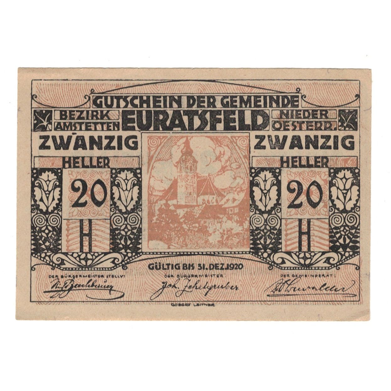 Banknote, Austria, Euratsfeld N.Ö. Gemeinde, 20 Heller, Texte, 1920