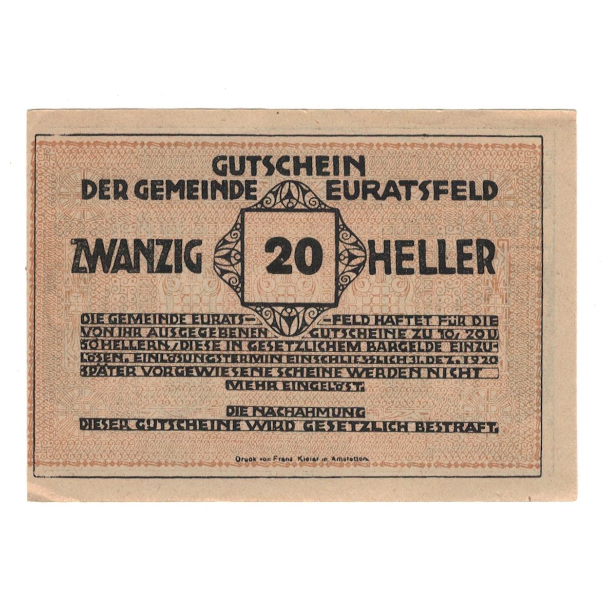 Banknote, Austria, Euratsfeld N.Ö. Gemeinde, 20 Heller, Texte, 1920