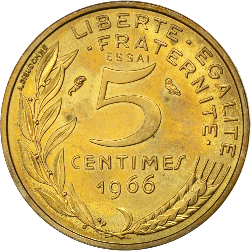 FRANCE, 5 Centimes, 1966, KM #E113, MS(63), Aluminum-Bronze, Gadoury #175, 1.96