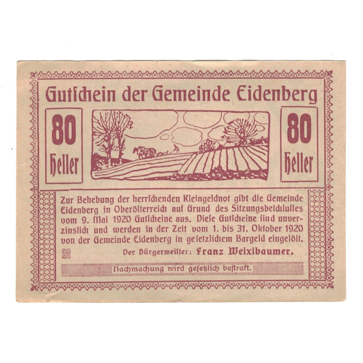 Banconote, Austria, Eidenberg O.Ö. Gemeinde, 80 Heller, paysage 1, 1920