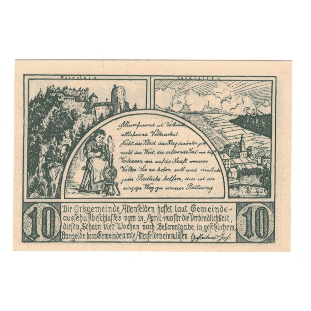 Banknote, Austria, Altenfelden O.Ö. Gemeinde, 10 Heller, paysage, 1920