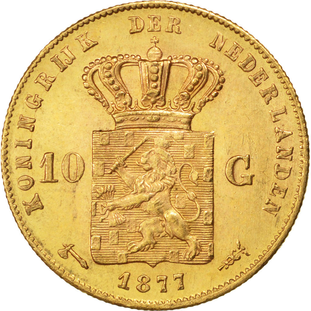 NETHERLANDS, 10 Gulden, 1877, KM #106, AU(55-58), Gold, 22.5, 6.76