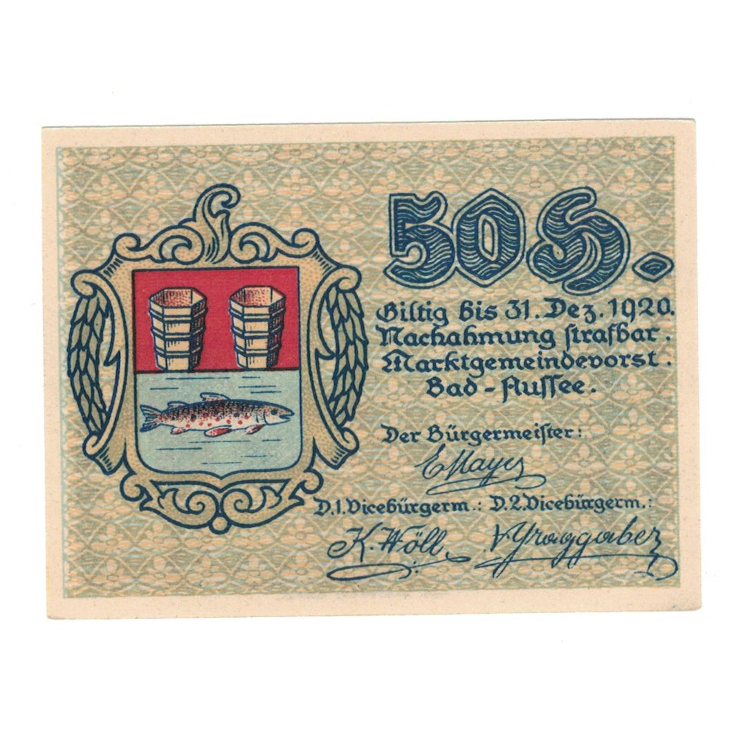 Banknote, Austria, Bad Aussee Stm. Marktgemeinde, 50 Heller, Poisson 1, 1920