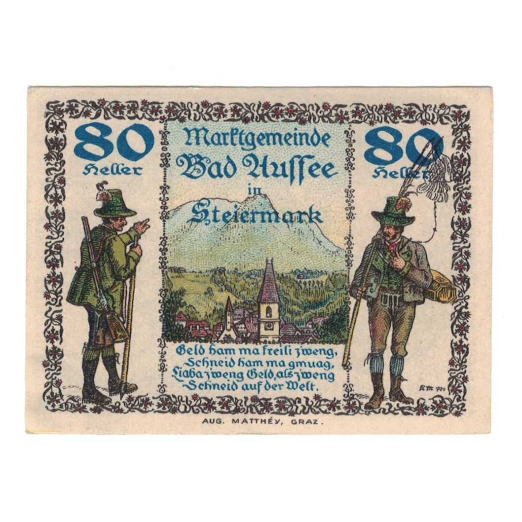 Banknote, Austria, Bad Aussee Stm. Marktgemeinde, 80 Heller, poisson, 1920