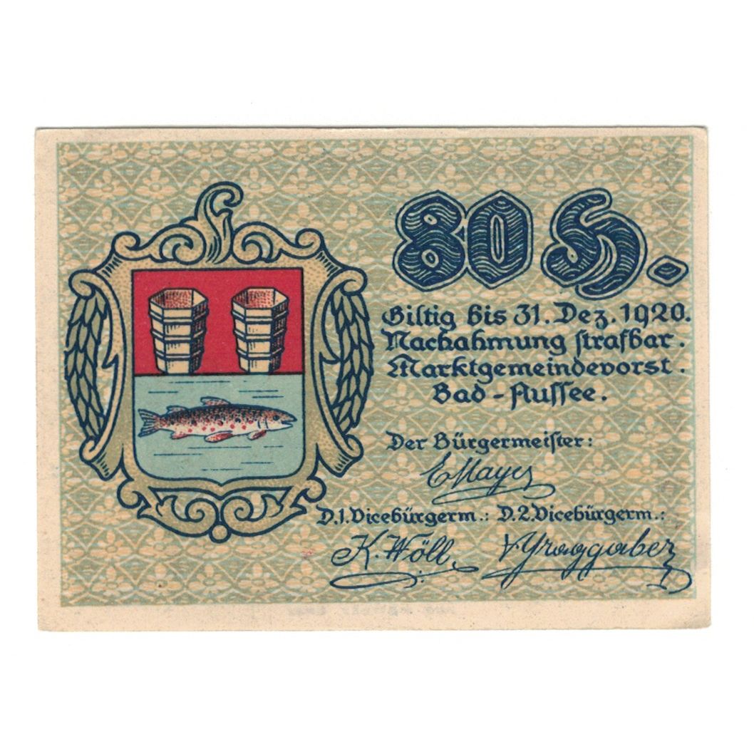Banknote, Austria, Bad Aussee Stm. Marktgemeinde, 80 Heller, poisson, 1920