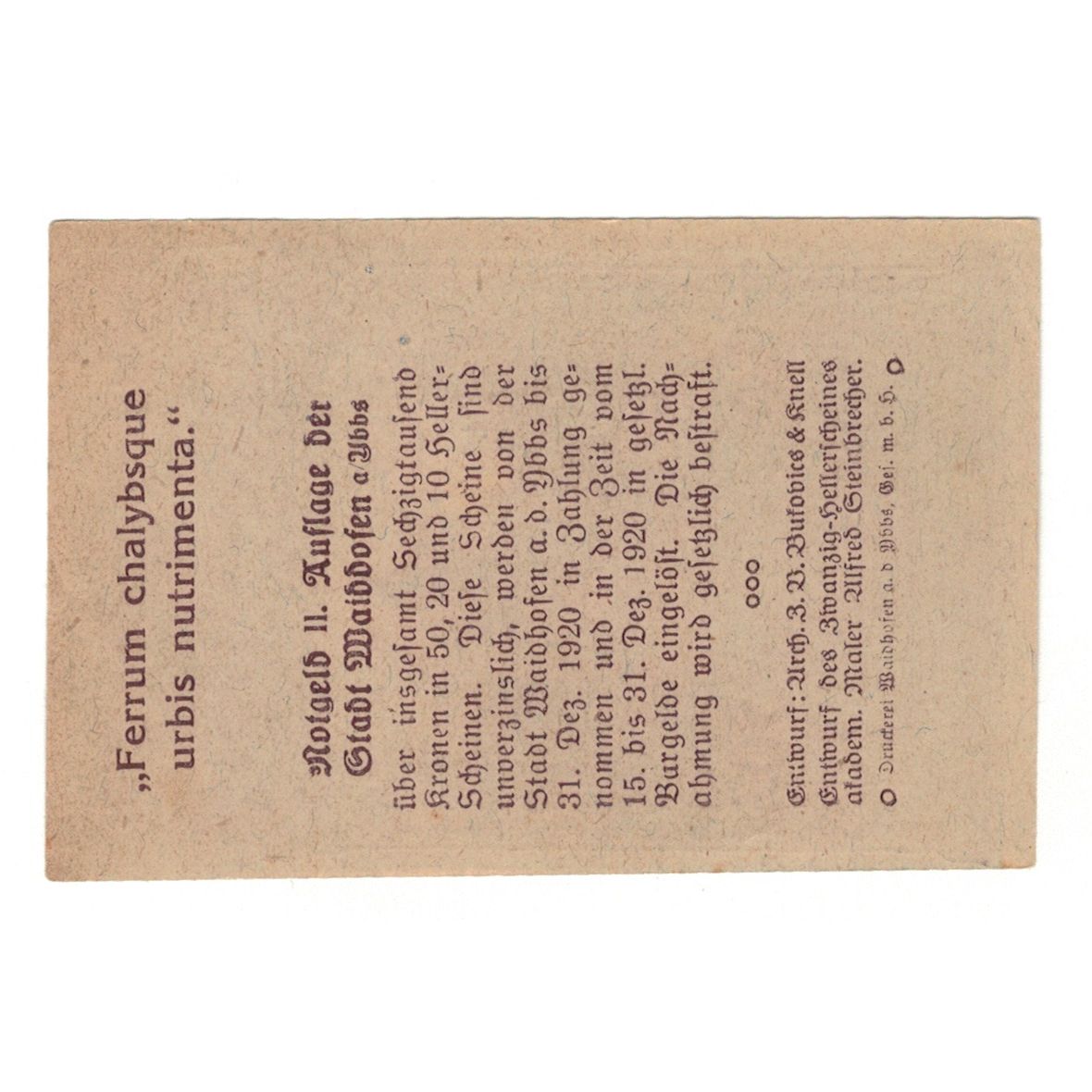 Banknote, Austria, Waidhofen An Der Ybbs N.Ö. Stadtgemeinde, 50 Heller, Texte