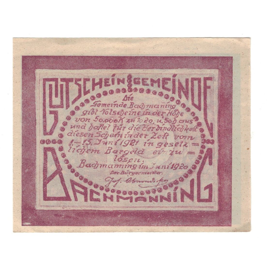 Banknote, Austria, Bachmanning O.Ö. Gemeinde, 10 Heller, Texte, 1921