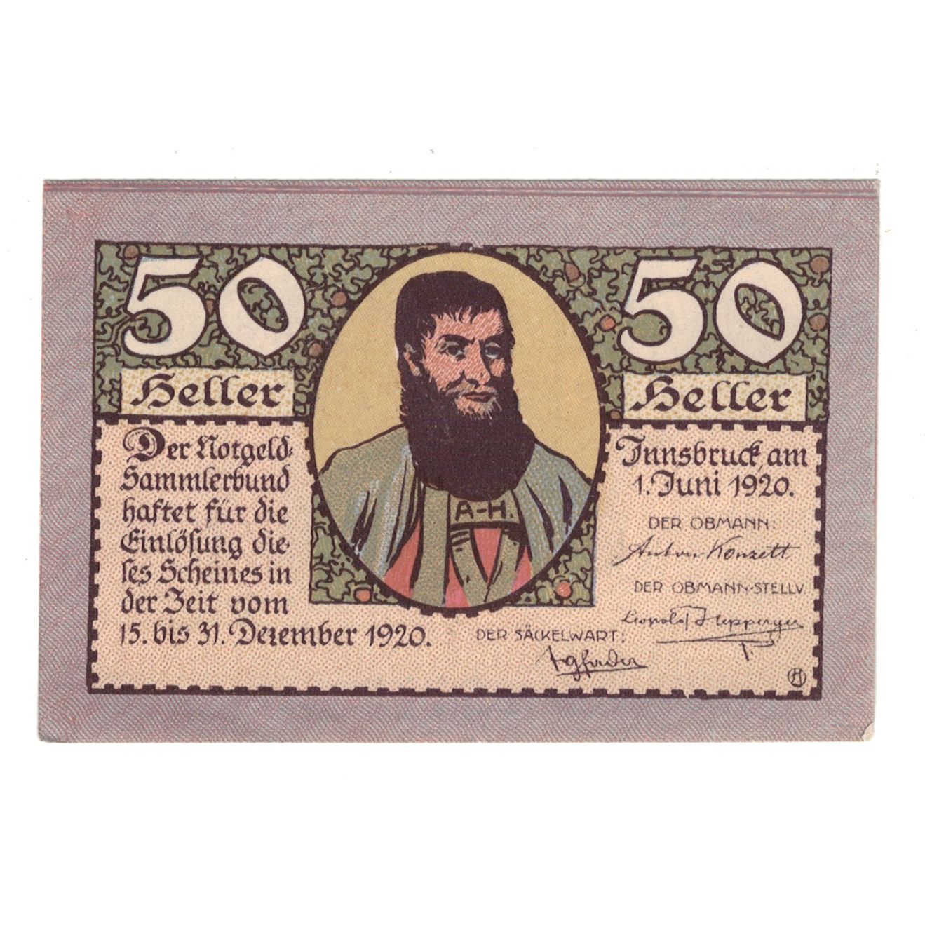 Nota, Áustria, Innsbruck Tirol Prv. Notgeld Sammlerbund Innsbruck, 50 Heller