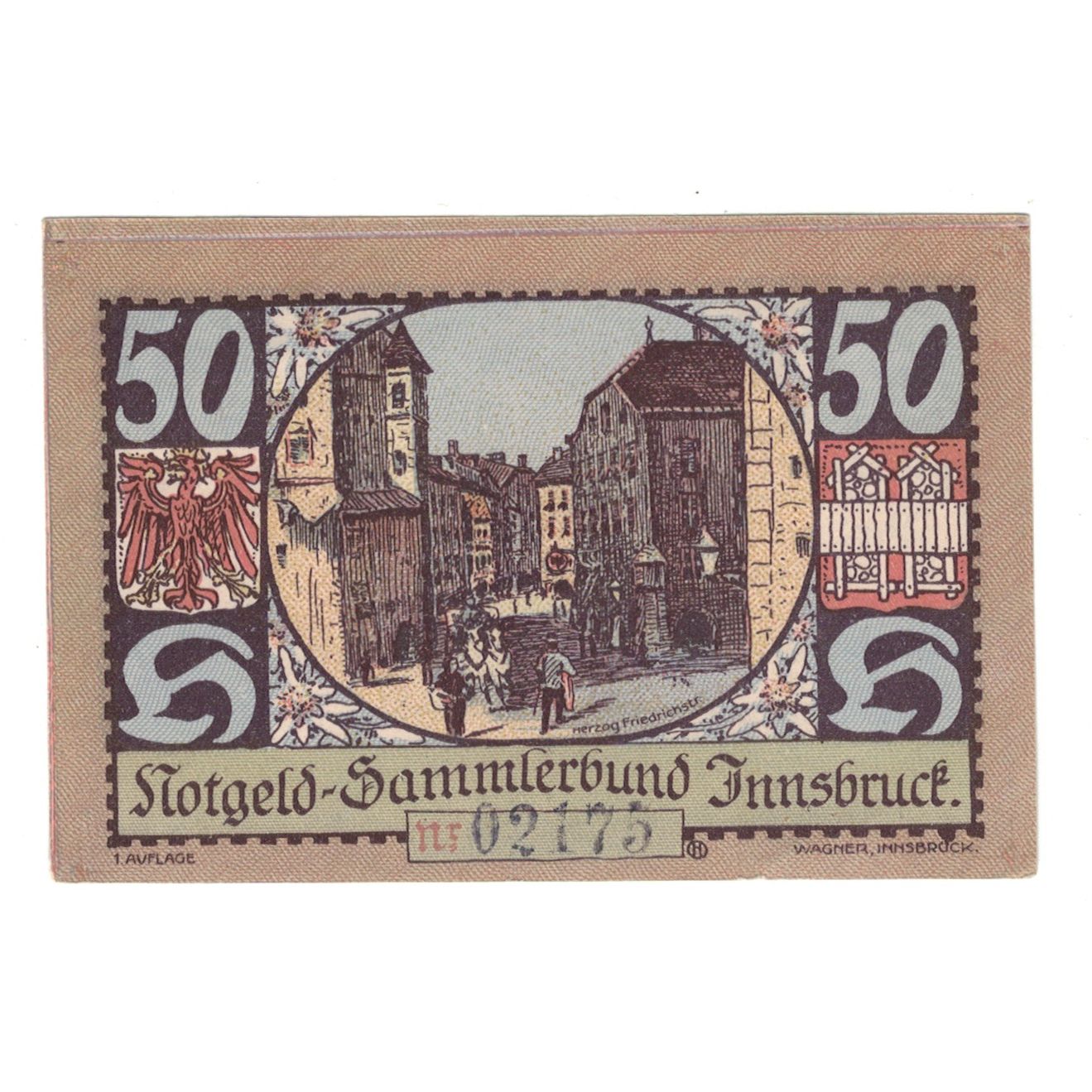 Nota, Áustria, Innsbruck Tirol Prv. Notgeld Sammlerbund Innsbruck, 50 Heller