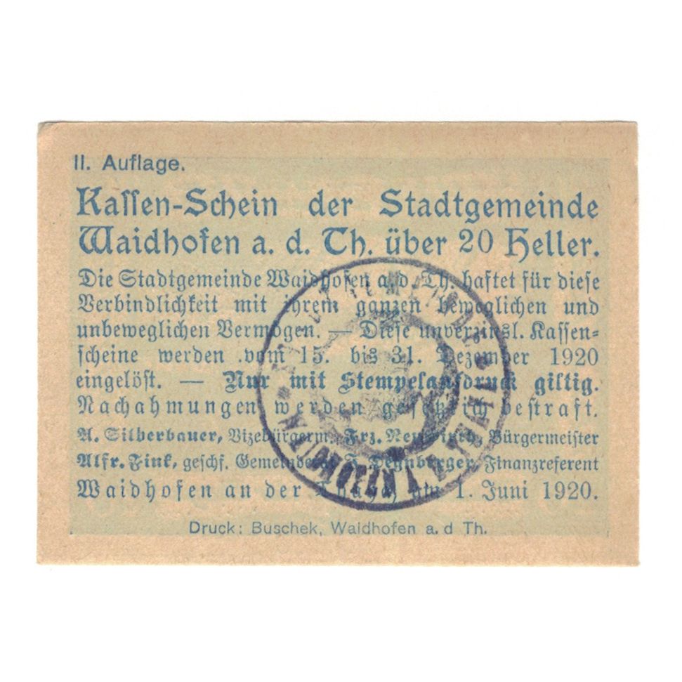 Banknote, Austria, Waidhofen An Der Thaya N.Ö. Stadtgemeinde, 20 Heller, texte