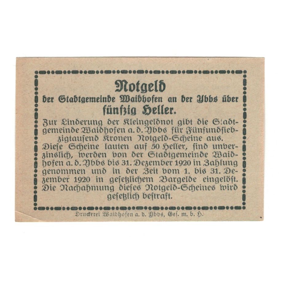 Banknote, Austria, Waidhofen An Der Ybbs N.Ö. Landgemeinde, 50 Heller, texte 1