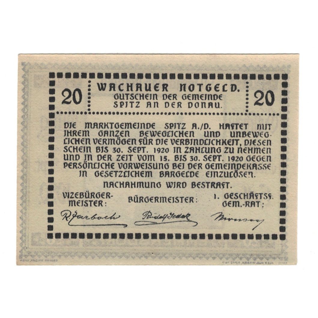Banconote, Austria, Wachauer Notgeld Emmersdorf N.Ö. Gemeinde, 20 Heller