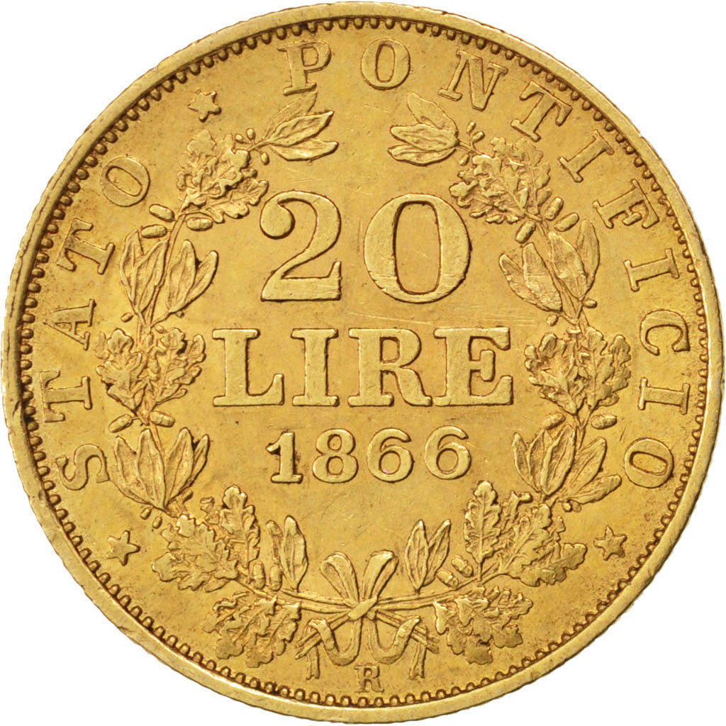ITALIAN STATES, 20 Lire, 1866, Roma, KM #1382.2, AU(50-53), Gold, 6.44