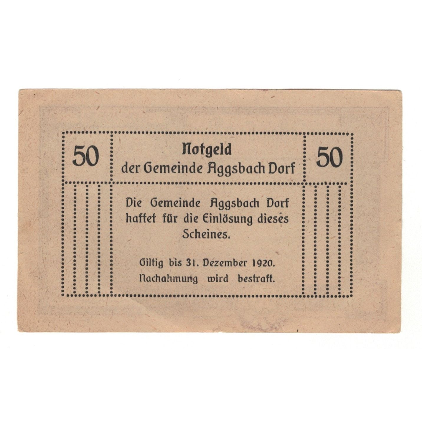 Billet, Autriche, Aggsbach Dorf N.Ö. Gemeinde, 50 Heller, valeur faciale, 1920