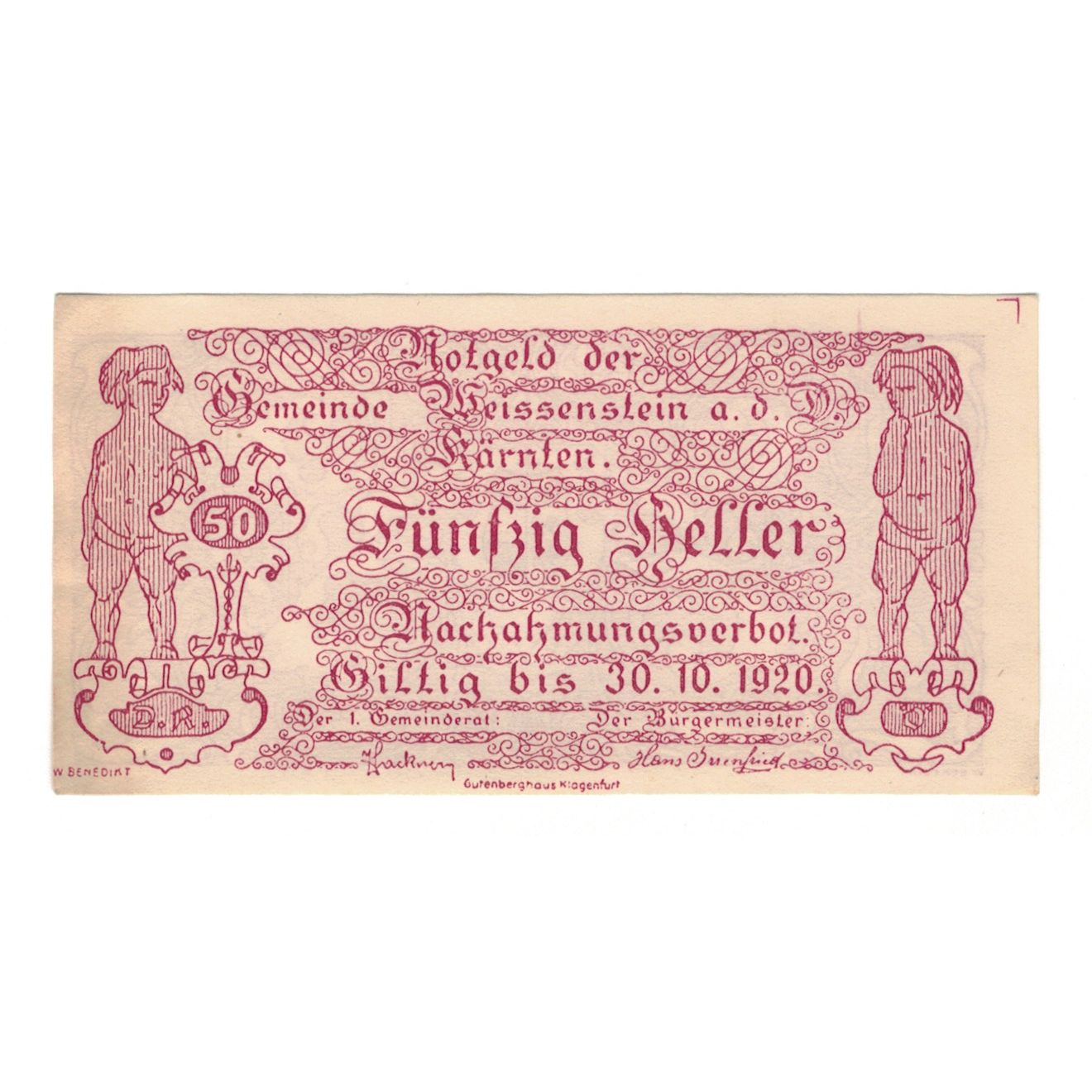 Billete, Austria, Weissenstein an der Drau Kärnten Gemeinde, 50 Heller, Blason