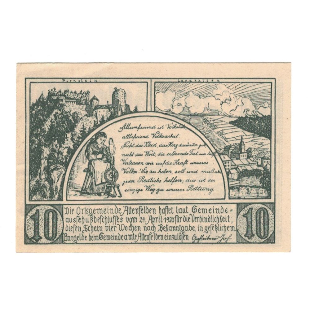 Biljet, Oostenrijk, Altenfelden O.Ö. Gemeinde, 10 Heller, Texte, 1920