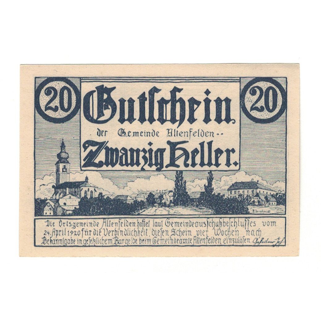 Billet, Autriche, Altenfelden O.Ö. Gemeinde, 20 Heller, paysage 1, 1920
