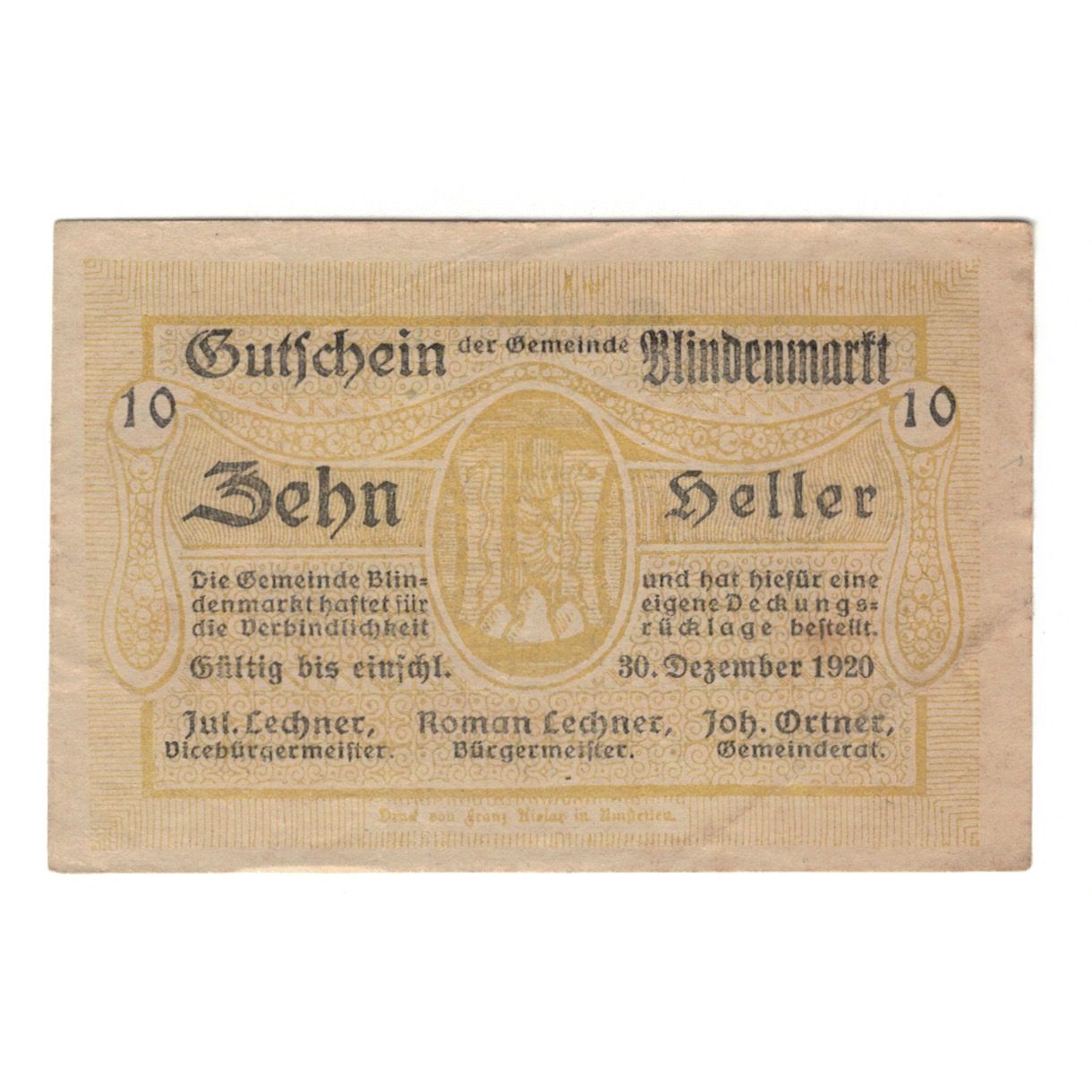 Banknote, Austria, Blindenmarkt N.Ö. Gemeinde, 10 Heller, Texte, 1920