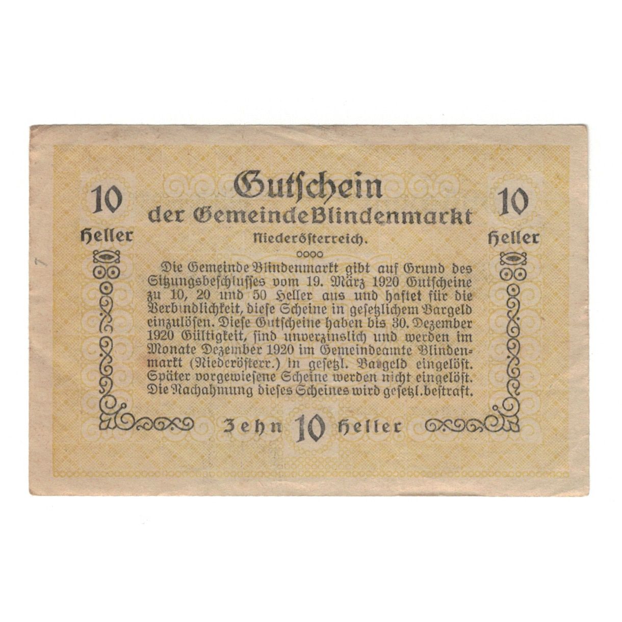 Banknote, Austria, Blindenmarkt N.Ö. Gemeinde, 10 Heller, Texte, 1920