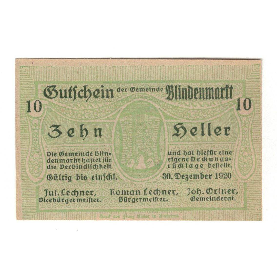 Billet, Autriche, Blindenmarkt N.Ö. Gemeinde, 10 Heller, texte 1, 1920