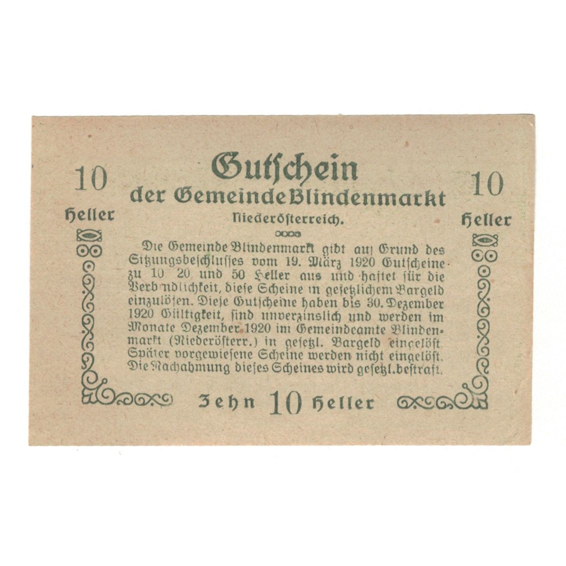 Billet, Autriche, Blindenmarkt N.Ö. Gemeinde, 10 Heller, texte 1, 1920