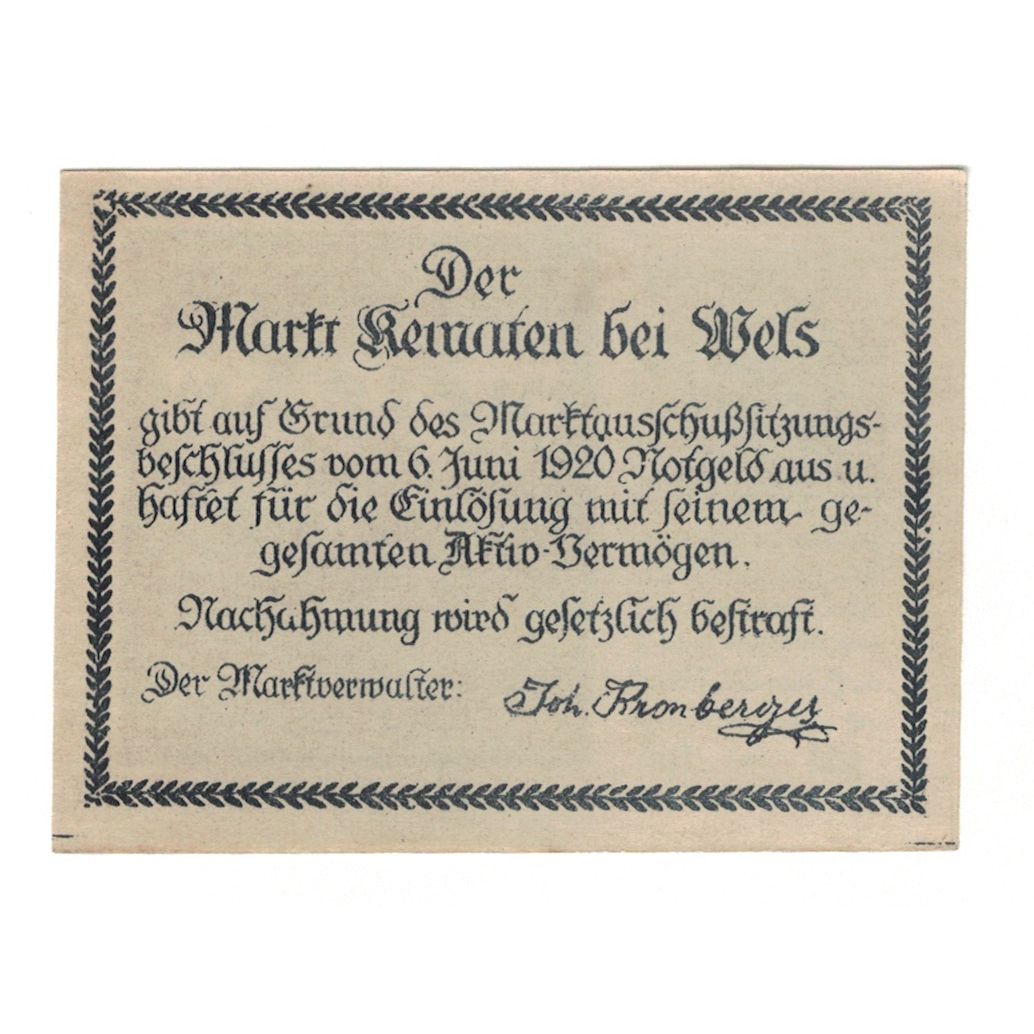 Billet, Autriche, Kematen bei Wels O.Ö. Markt, 20 Heller, Texte, 1920