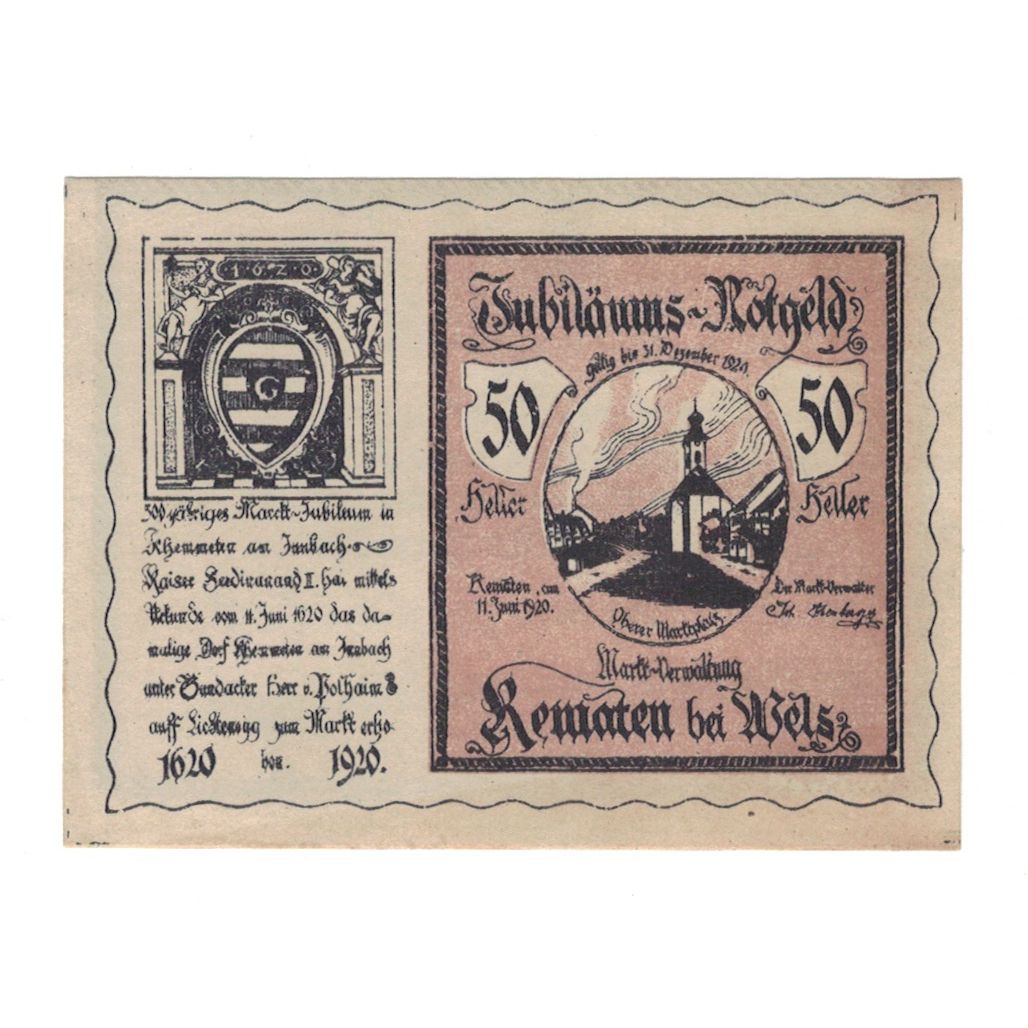 Billet, Autriche, Kematen bei Wels O.Ö. Markt, 50 Heller, Texte, 1920