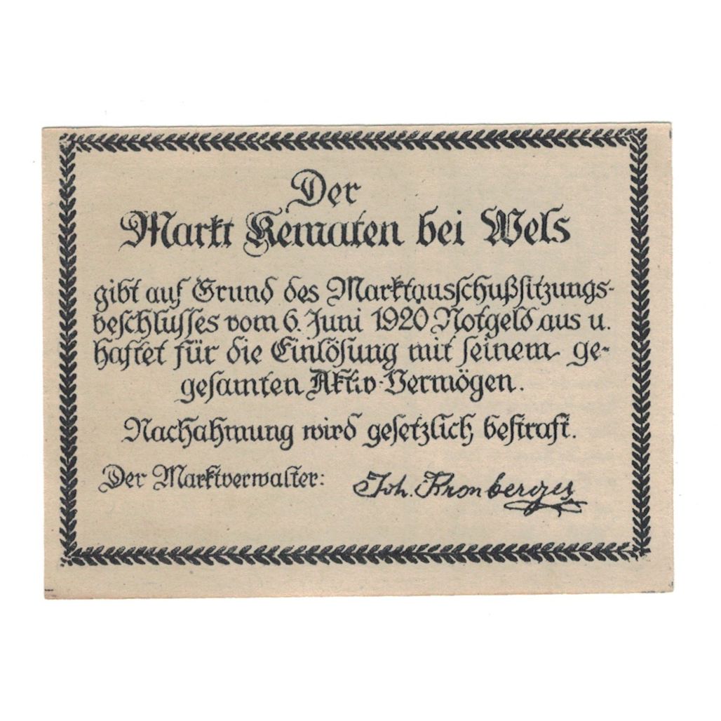 Billet, Autriche, Kematen bei Wels O.Ö. Markt, 50 Heller, Texte, 1920