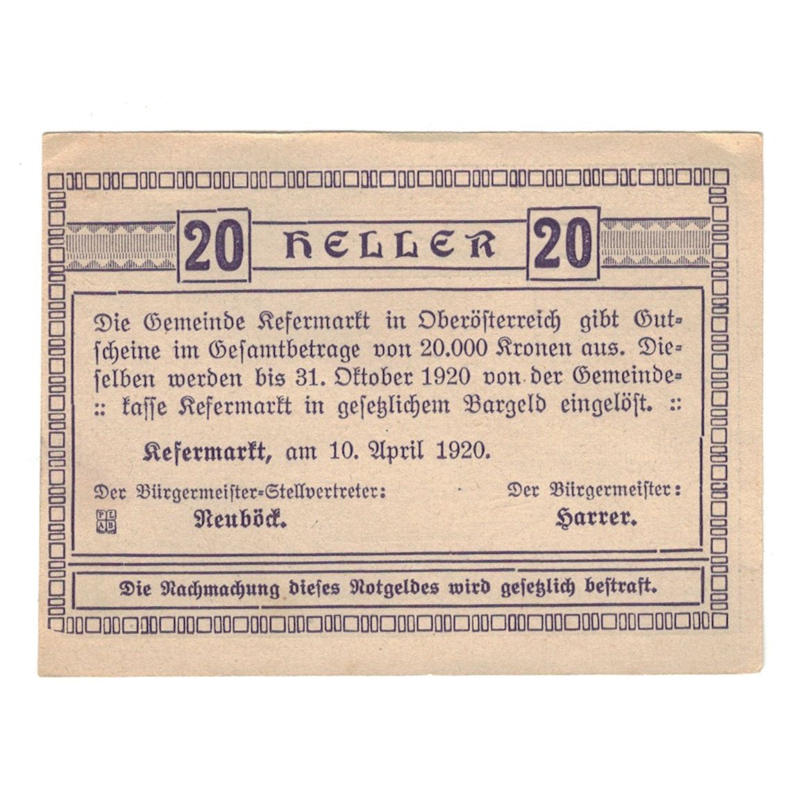 Banknote, Austria, Kefermarkt O.Ö. Gemeinde, 20 Heller, Texte, 1920